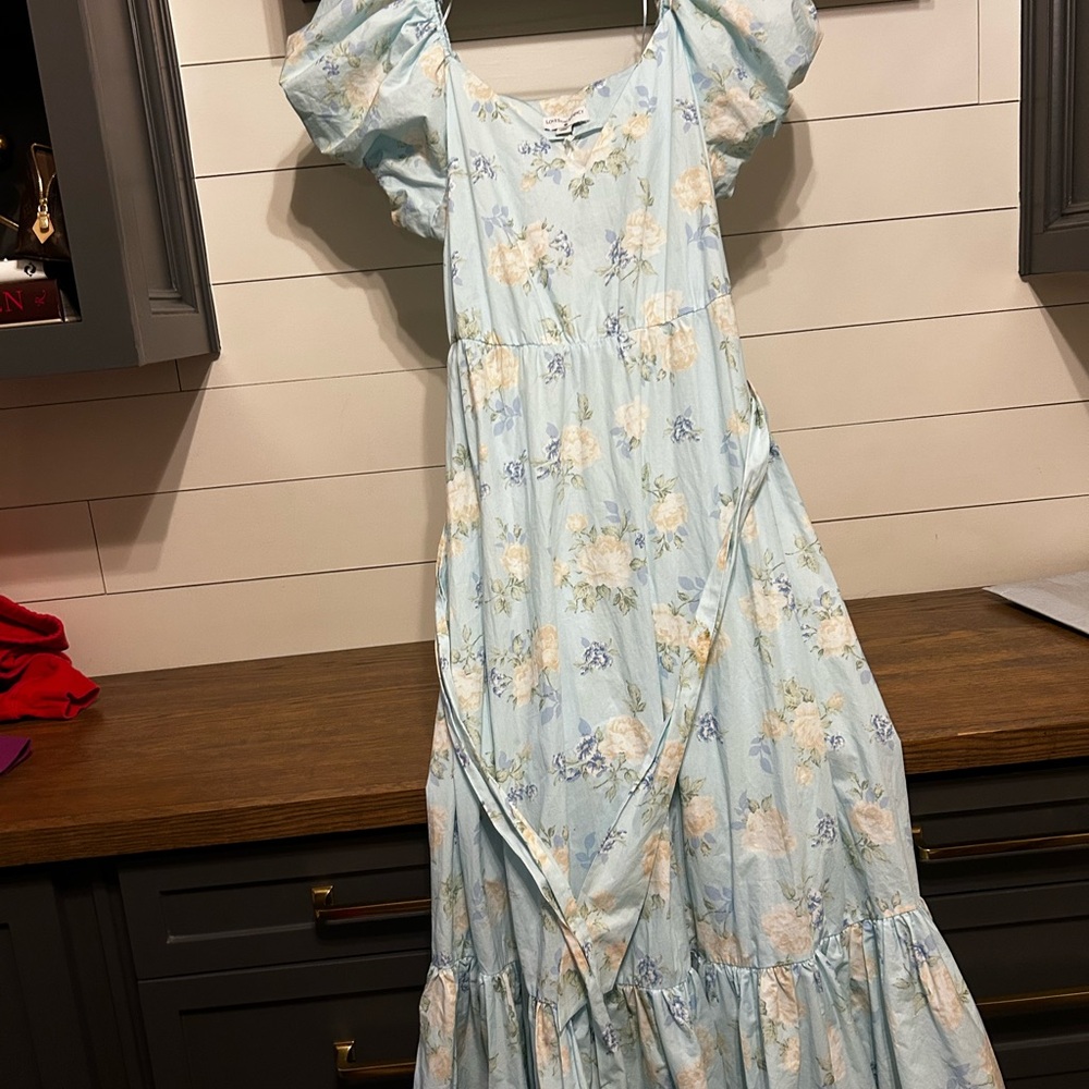 LoveShackFancy Light Blue Floral Off-Shoulder Midi Dress - Picture 2 of 6